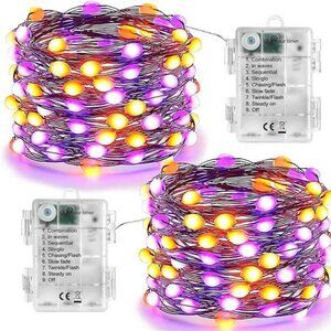 Orange Purple Halloween Fairy Lights, 2-Pack 16.4FT 50LED Battery String Lights
